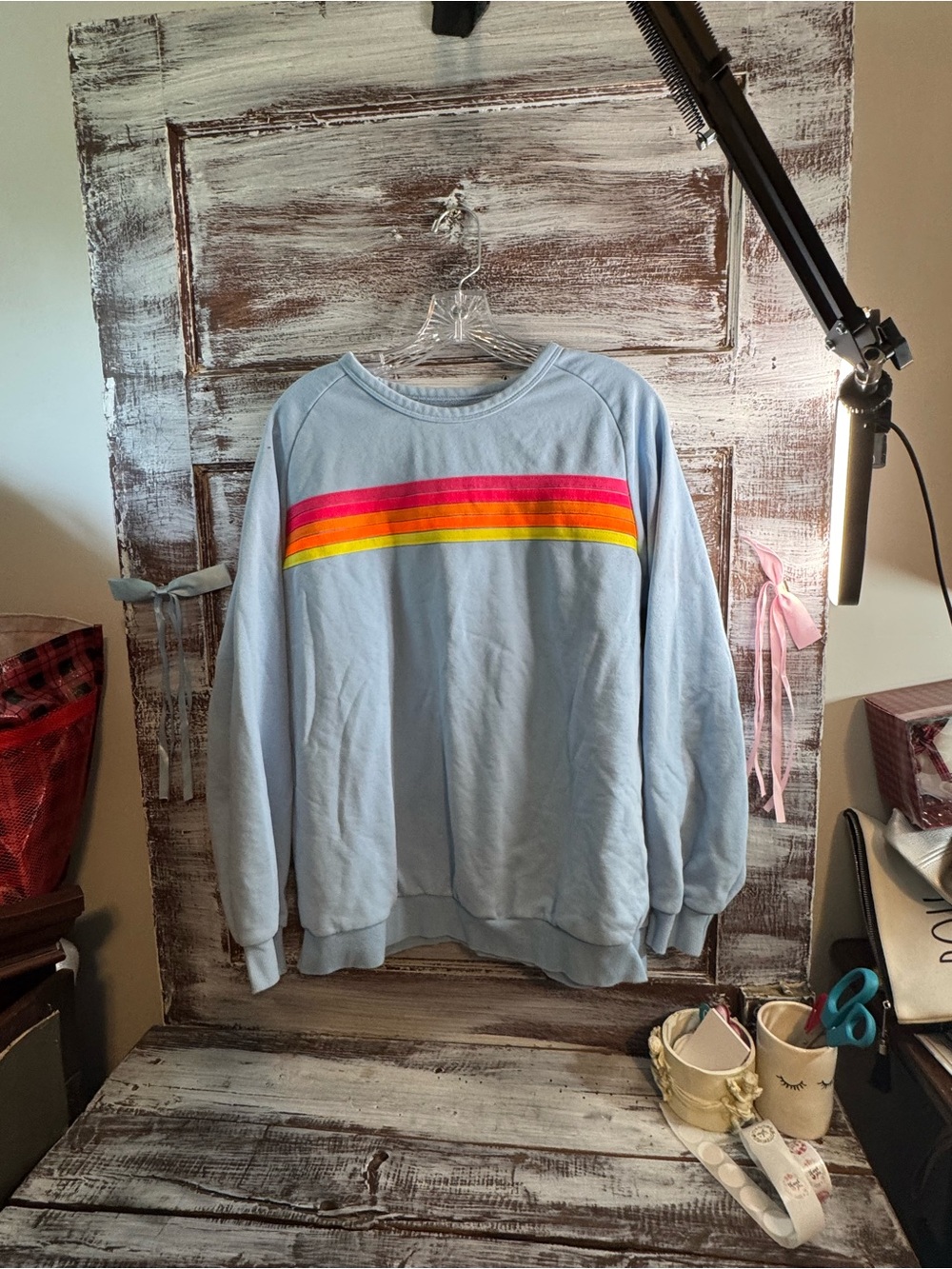 Light Blue Rainbow Stripe Sweatshirt & Shorts Set - Picture 6 of 7